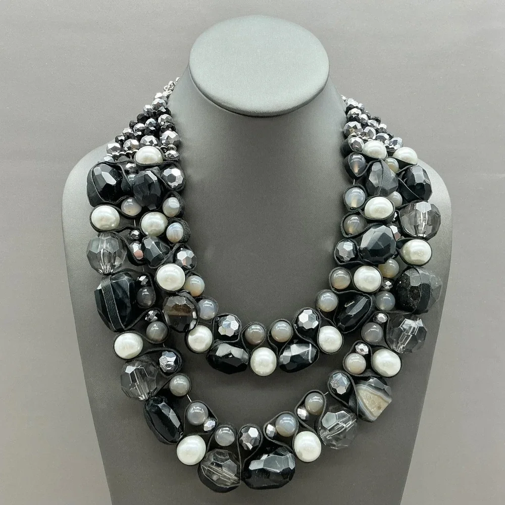 Chico's Necklace Womens Black Gray Faux Pearl Beaded Multi Strand Bib Statement